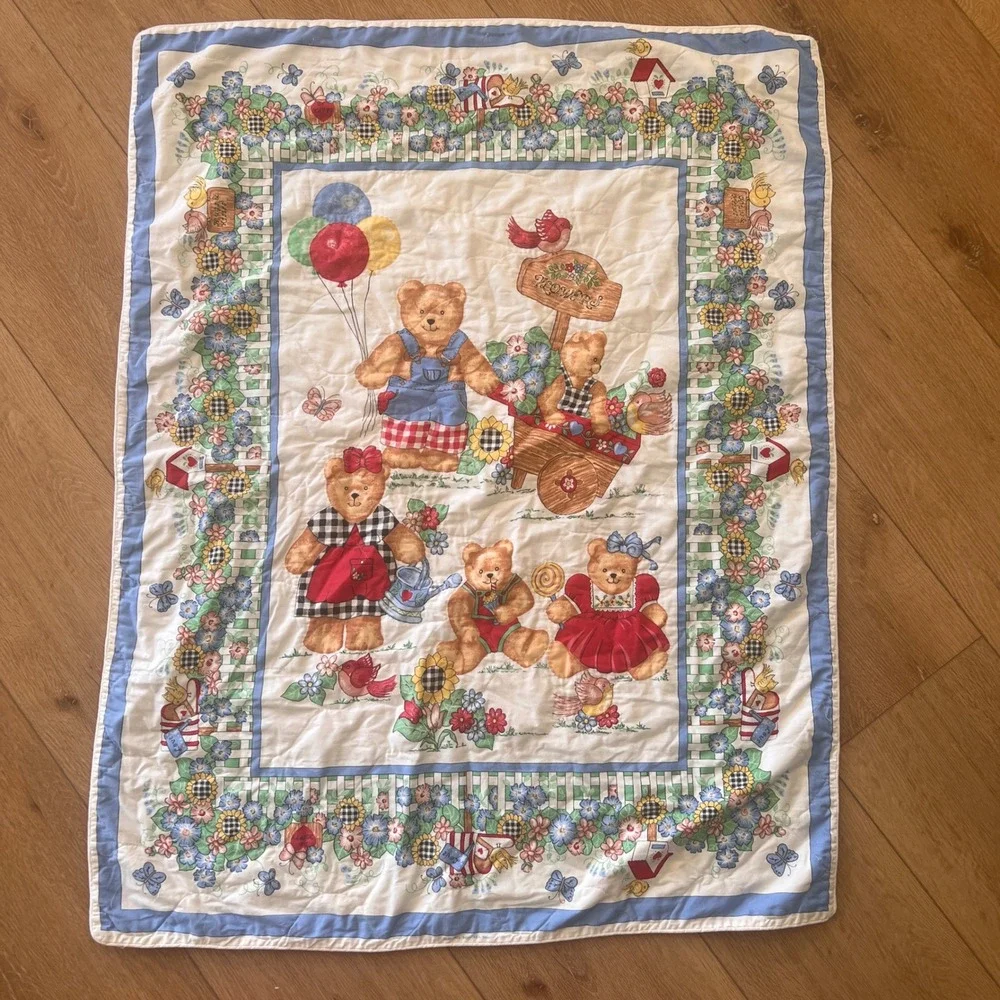 Vintage Teddy Bear Garden Quilted Baby Blanket Floral Picket Fence Nursery Blue